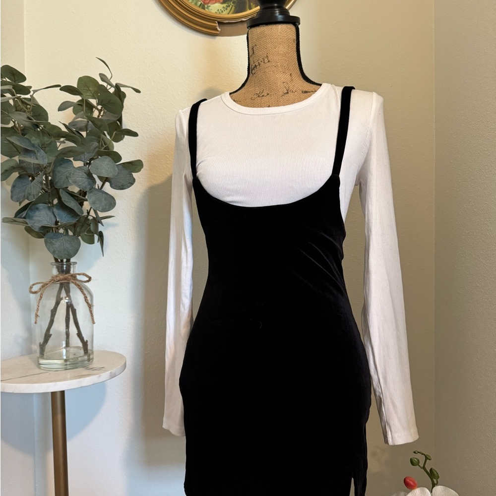White Long Sleeve Sweater with Black Velvet Mini Slit Dress